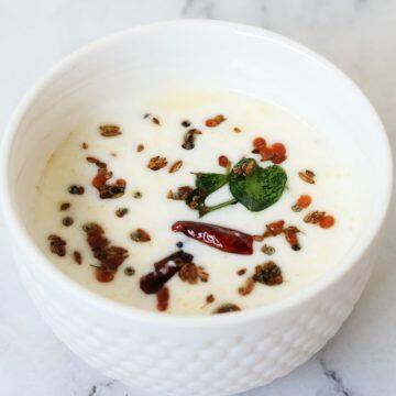 Menthi Majjiga, a traditional Andhra buttermilk flavoured with a tadka of ajwain (carom seeds) and methi (fenugreek seeds).