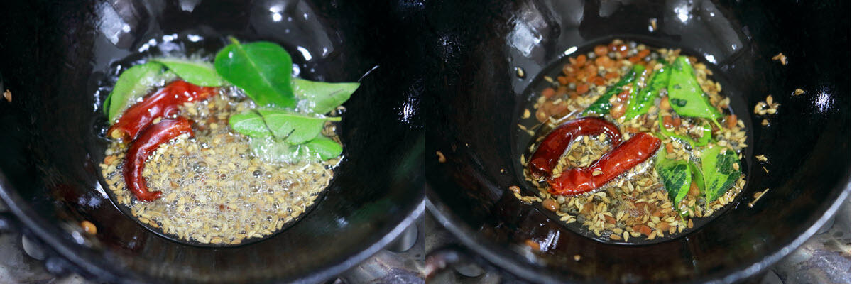 Tempering with carom seeds, cumin seeds, red chillies and curry leaves.