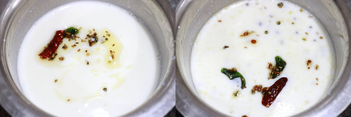 Tempering added to buttermilk as the final step of making Menthi Majjiga