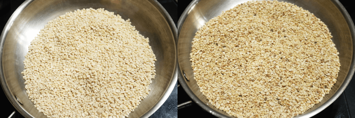 The udad dal before and after being roasted