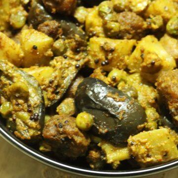 Panchkutiyu Shaak: Mixed Vegetables flavoured with a coconut-coriander-sugar-lemon masala from Gujarat