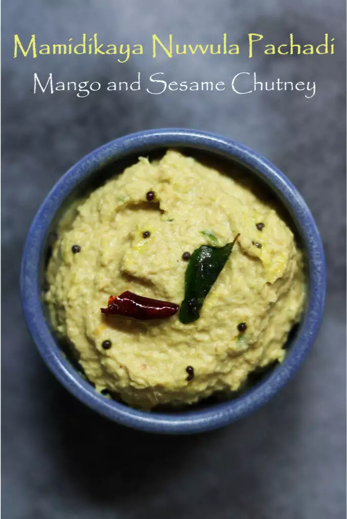 A bowl of tangy, nutty Mamidikaya Nuvvula Pachadi or the vegan, gluten-free Andhra Mango and Sesame Chutney for Rice.