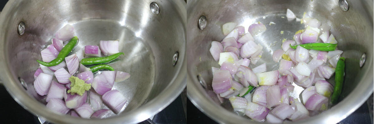 Lightly fried chopped onions, green chillies and grated ginger.