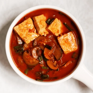 A bowl of vegetarian Sundubu Jiggae, the Korean Soft Tofu Stew