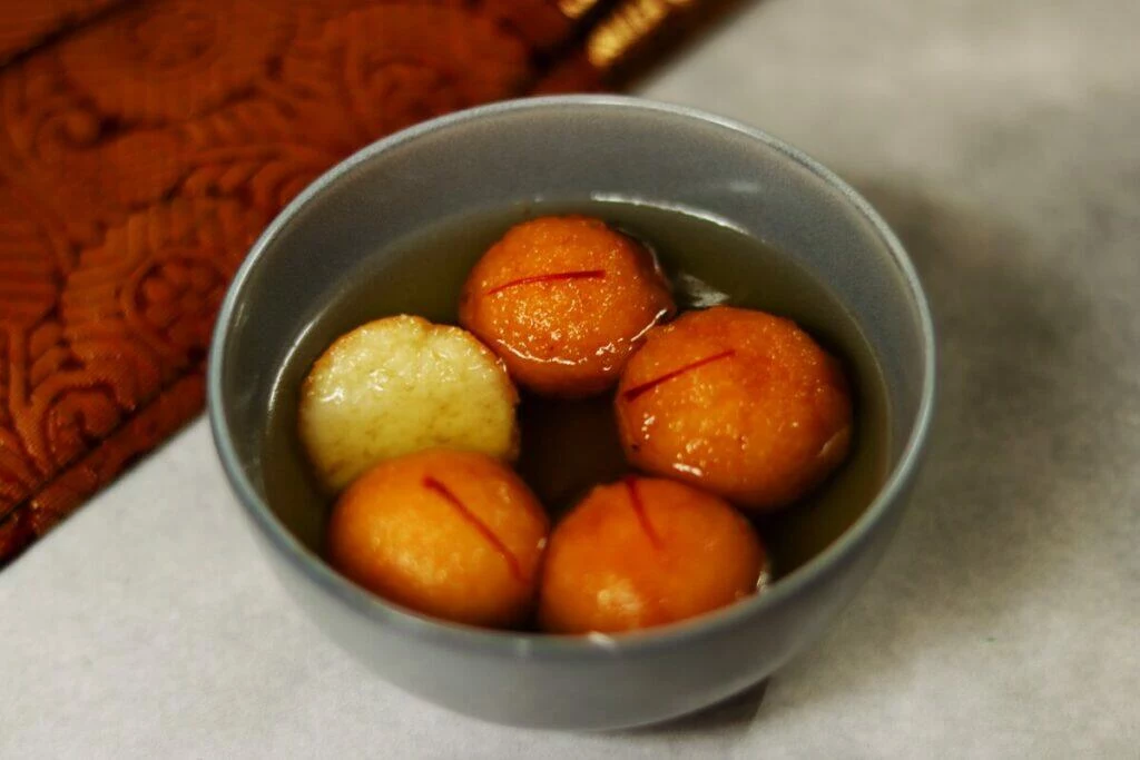 A Bowl of Suji ke Gulab Jamun: Gulab Jamun made with Suji or Semolina instead of Mava or Khoya