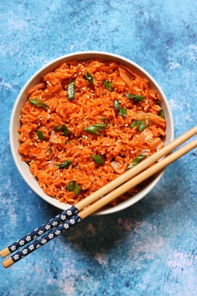 A Bowl of Spicy and Sour Kimchi Bokkeumbap or Kimchi Fried Rice