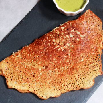 Upvas ka Dosa, called Farali Dhirde in Marathi, is a crisp, lacy, gluten-free pancake made with Amaranth and Little Millet flours.