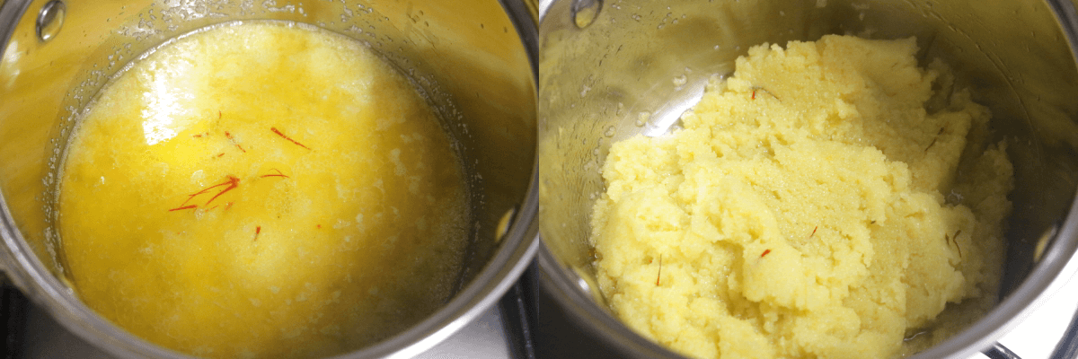 Add saffron-infused water to the semolina and cook till the water is absorbed.