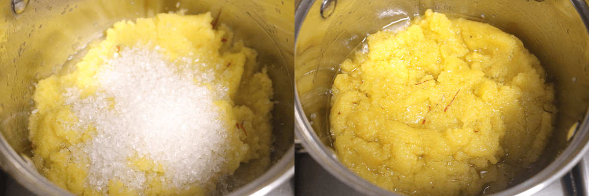 Add sugar and cook till the sugar is absorbed into the Kesari Bath.