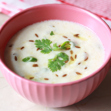 Vrat ki Kadhi, also called Farali Kadhi or Rajgira Kadhi, made with yogurt/dahi and Amaranth flour/Rajgira atta with a ghee-based tempering of cumin and green chillies.