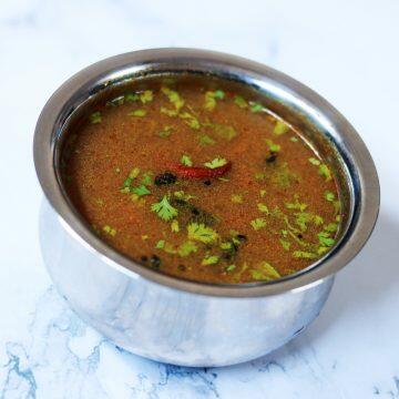 Vamu Charu or Omam Rasam is a traditional vegan, gluten-free dish that helps with digestion and even helps soothe the stomach in case of food poisoning.