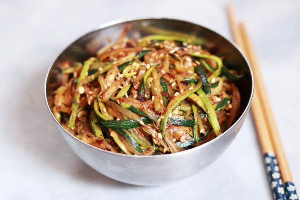 Zuccini Noodles or Zoodles flavoured with garlic and soya sauce