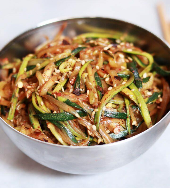 Zucchini Noodles or Zoodles flavoured with garlic and soya sauce