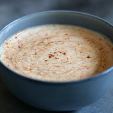 Hyderaadi Burani Raita, a mellow garlic-flavoured yogurt, served with Biryani or Qabooli.