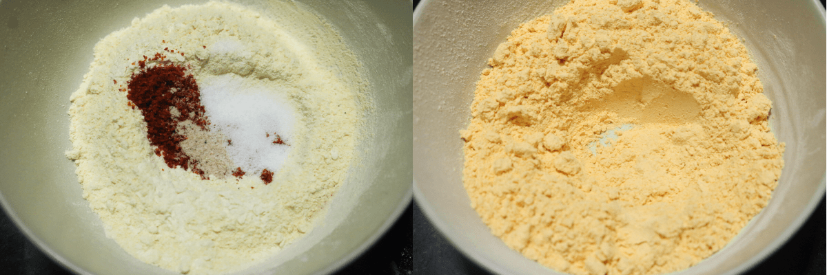 Mix ground dal powder, chilli powder, asafoetida, and salt.