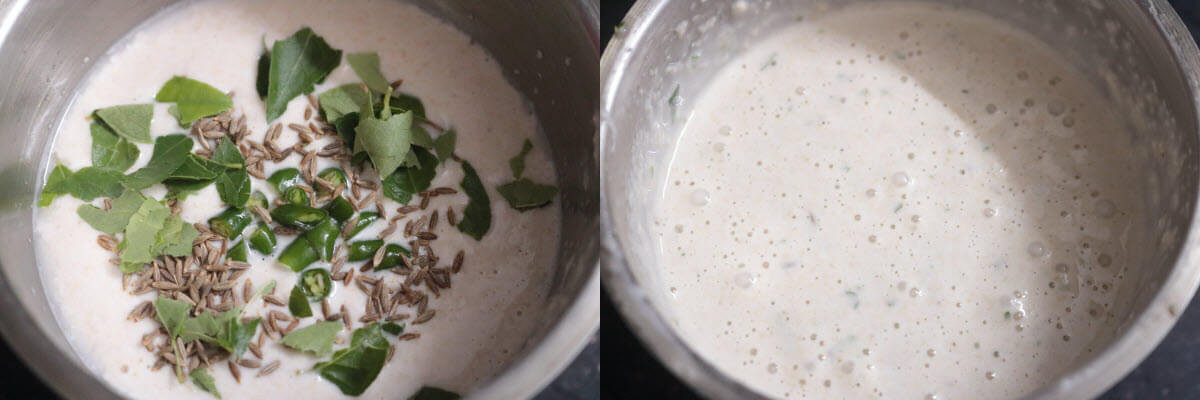 Add chopped green chillies, curry leaves and cumin to the batter and grind for a few seconds.