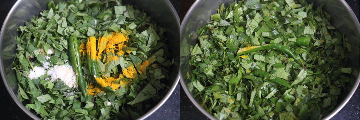 Chopped Gongura leaves with green chillies, turmeric and salt