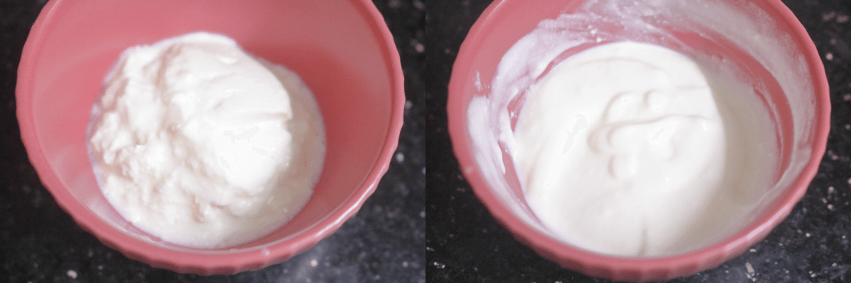 Dahi or yogurt mixed till it is a smooth paste