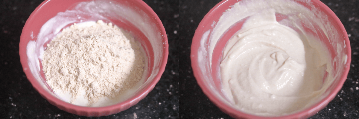 Rajigira atta (Amaranth flour) mixed into beaten yogurt 