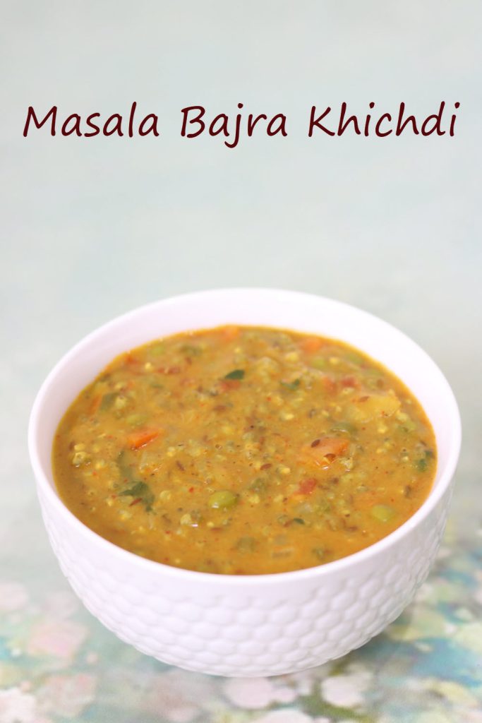 Masala Bajra Khichdi or Bajre ki Khichdi made with pearl millet, moong dal, vegetables, and some spices.