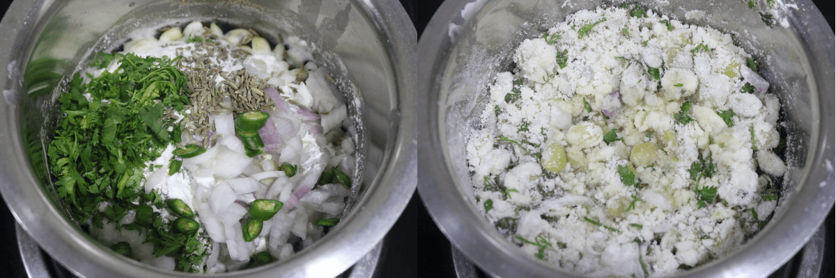 Add rice flour, green chilli, chopped onions, fresh coriander and salt to the cooked hyacinth beans. 