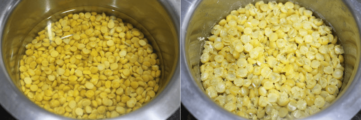 Pressure cook the roasted chana dal till it is soft.