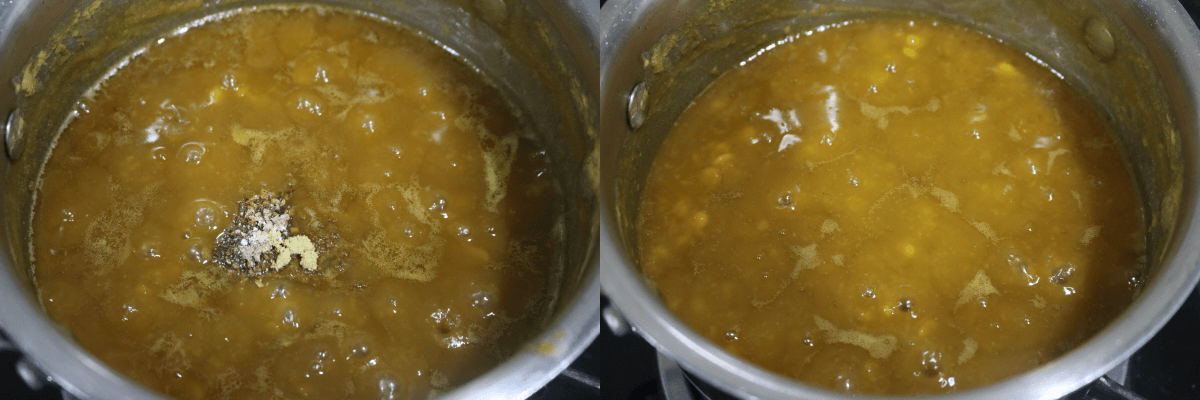 Add cumin, cardamom, and dry ginger powder to the Kadalai Parippu Pradhaman and mix well.