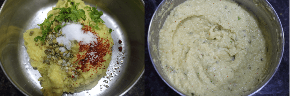 Add red chilli, crushed coriander seeds, fresh coriander and salt to the batter and mix well.
