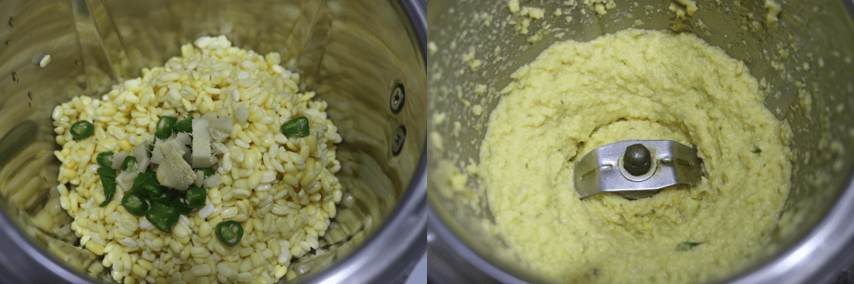 Grind the moong dal with ginger and green chilli to a coarse paste.