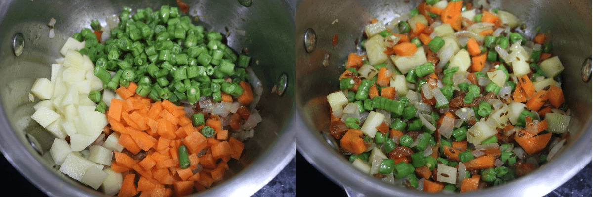 Add carrots, beans, and potatoes. Stir-fry.