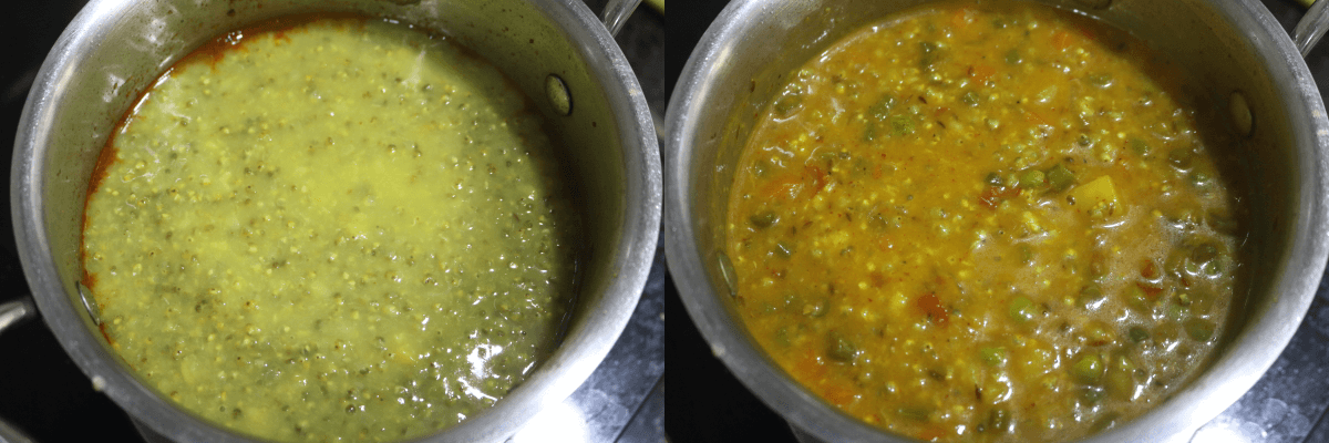 Add the cooked moong dal and bajra to the cooked vegetables and mix well.