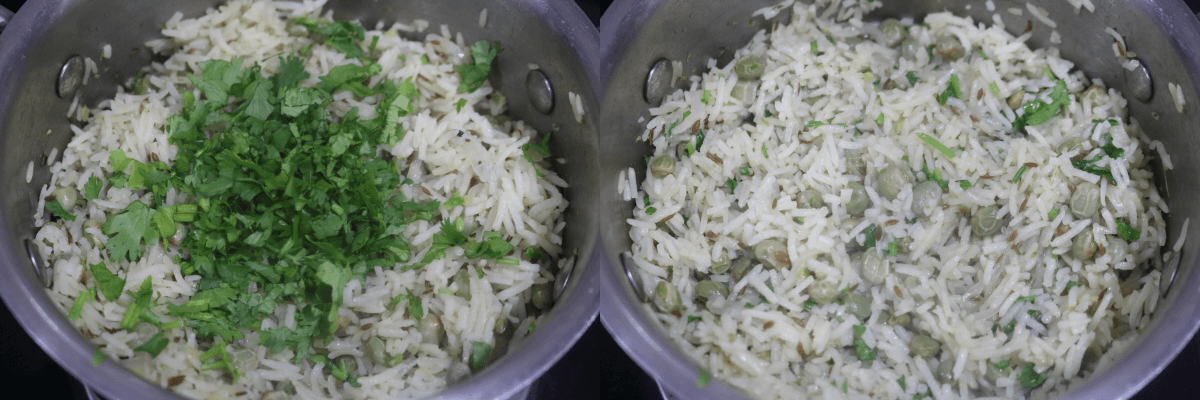 Add chopped fresh coriander leaves to the Tuvar Dana Pulao and mix.