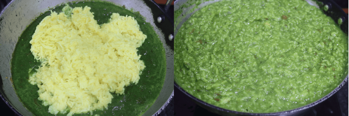 The Dal-Rice mixed with Palak Puree, and cooked. 