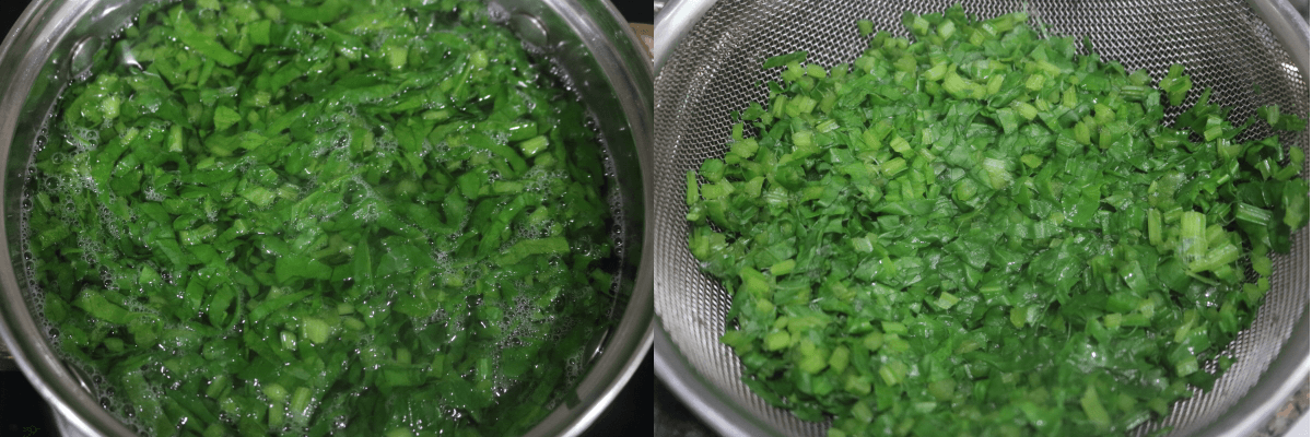 Blanched and drained spinach.