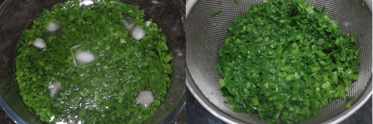 Blanched spinach soaked in ice-cold water and drained.