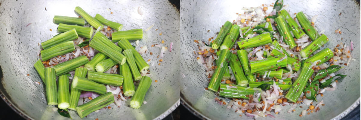 Drumstick added to the stir-fried onion mix.