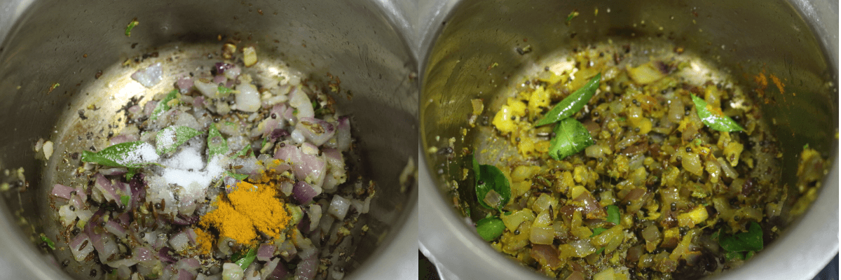 Salt and turmeric added to the onion mix.