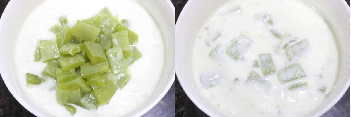 The cooked snake gourd mixed into the chilli-ginger flavoured yogurt