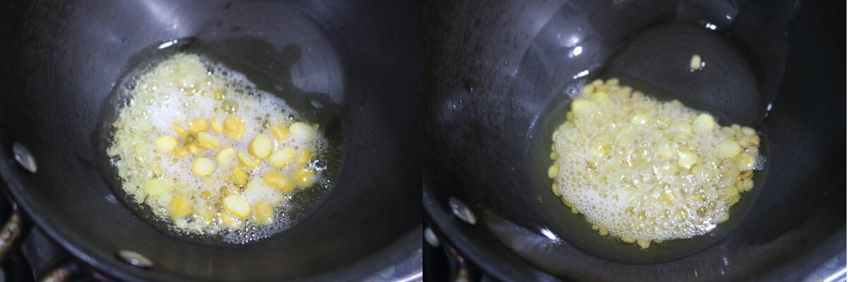 Lightly browned udad and chana dal frying in oil