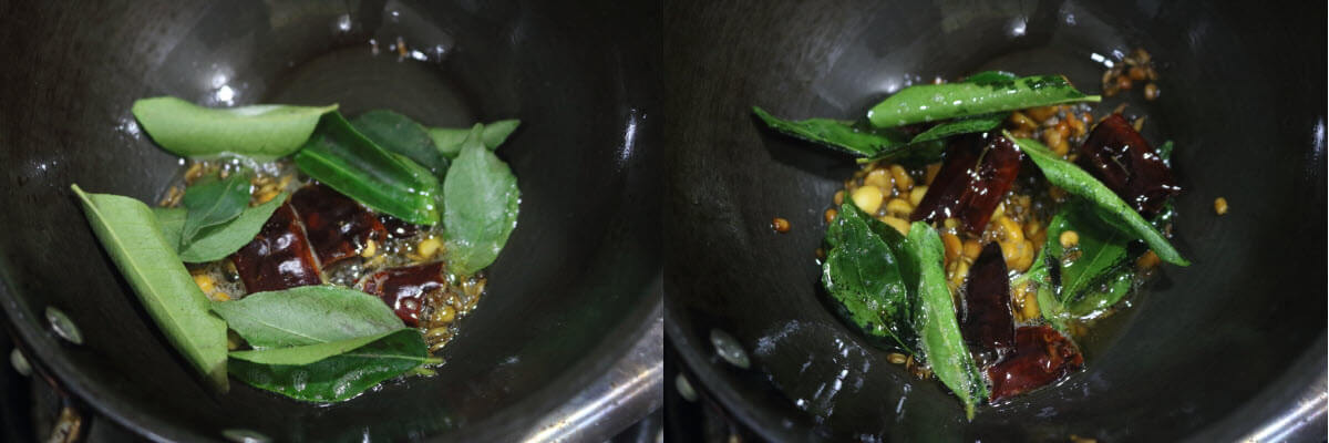 Dried red chilli and curry leaves added to the oil.