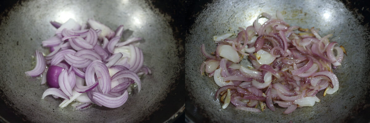 Thinly sliced onions fried till softened.