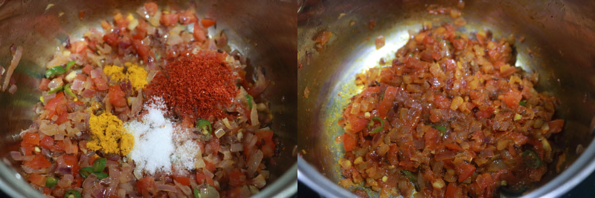 Spices mixed into the stir-fried onions and tomatoes.