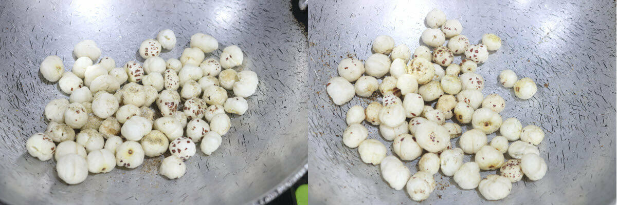 Salt and Chat Masala mixed into the roasted makhana 