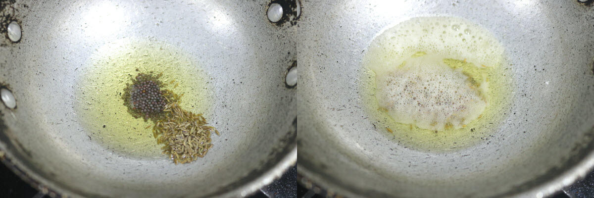 Mustard and cumin added to heated sesame oil.
