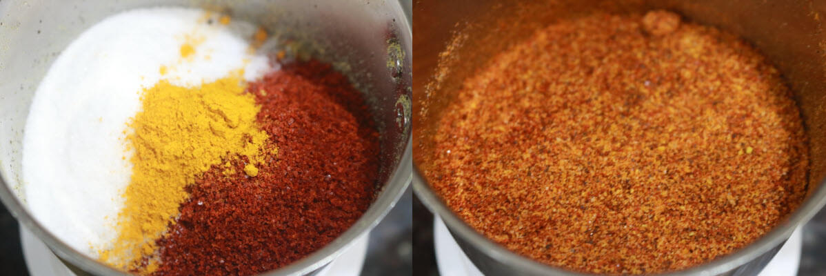 Mustard powder, chilli powder, turmeric and salt mixed together.