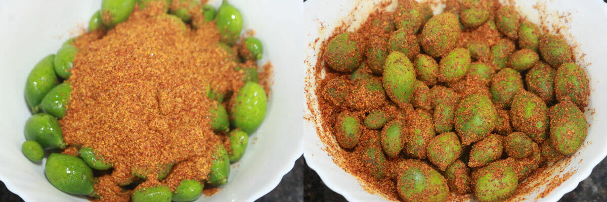 The baby mangoes mixed in with the spice powder.