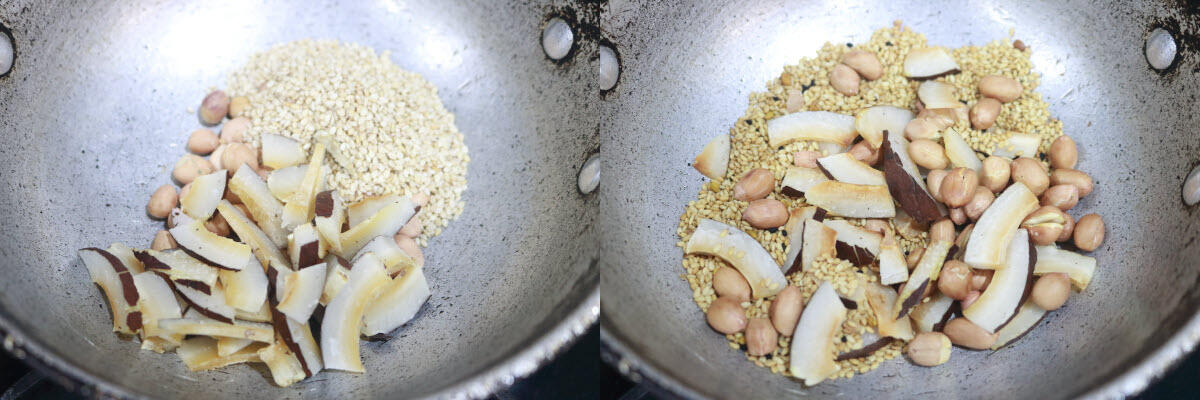 The roasted mix of peanuts, sesame seeds, and finely sliced dried coconut.