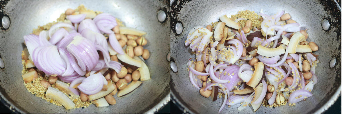 Sliced onions dry roasted along with peanuts, dried coconut, and sesame.