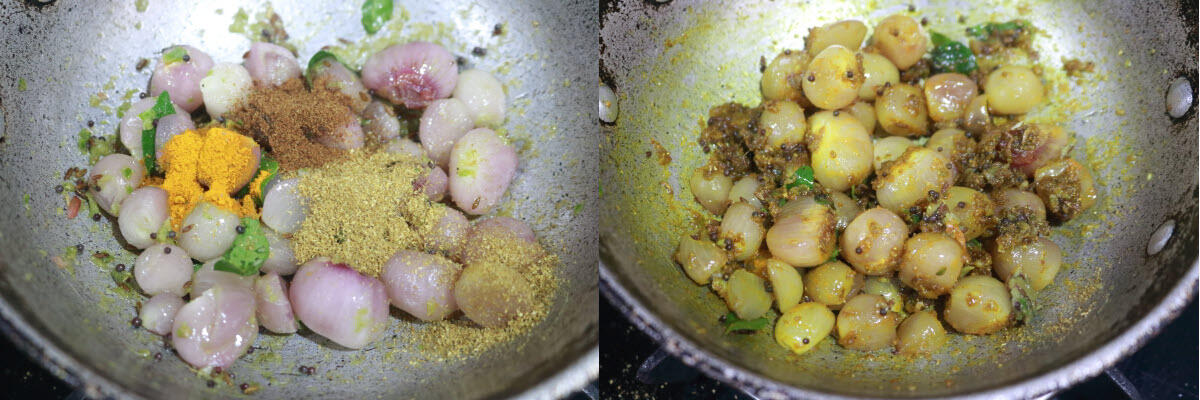 Coriander powder, cumin powder, an turmeric added and stir-fried with the onions.