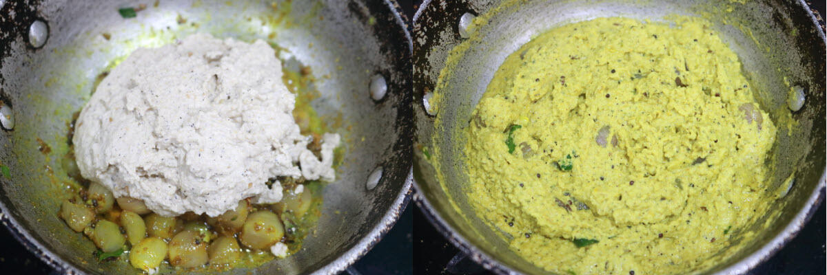 The ground masala added to and stir-fried with the onions.